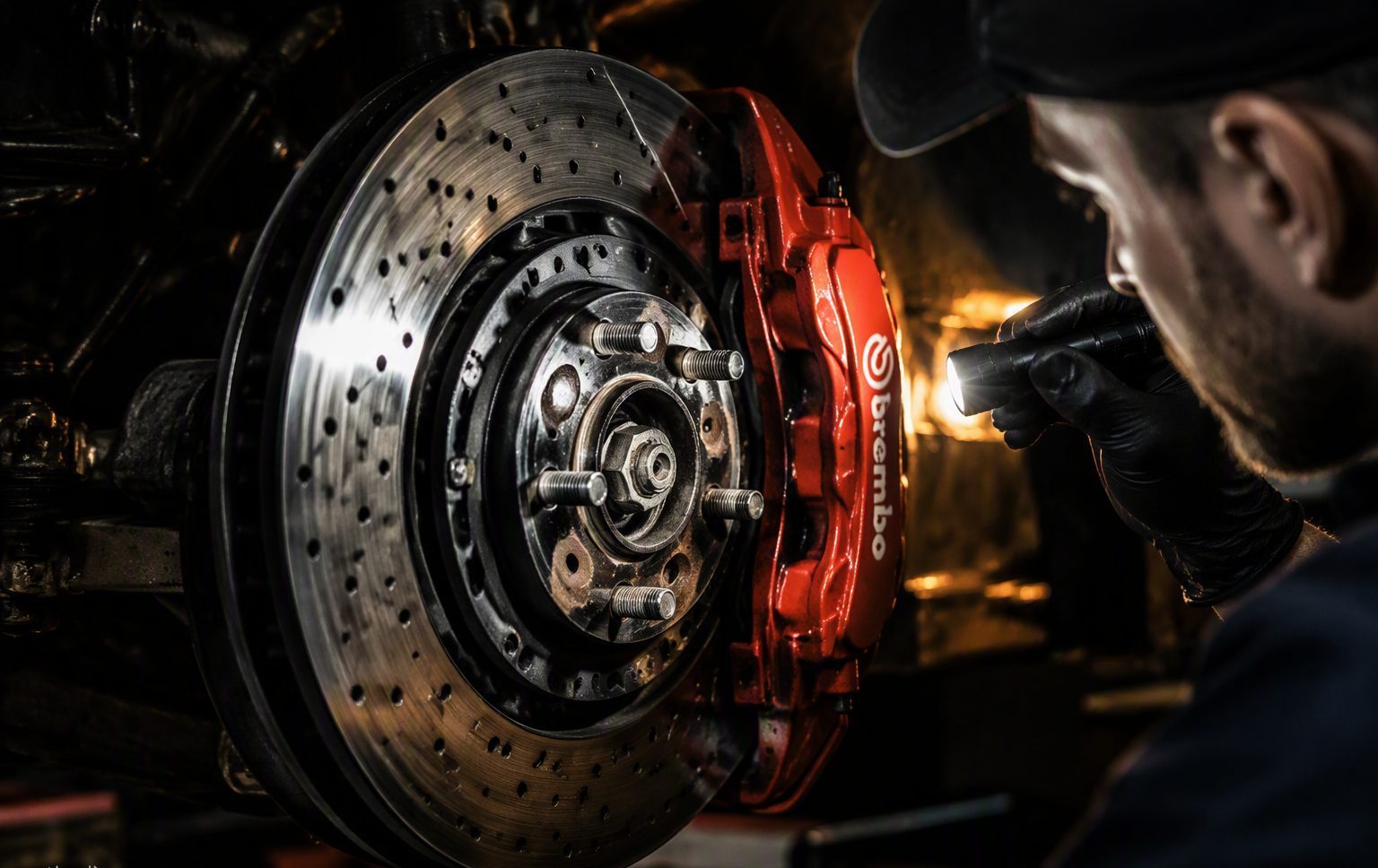 Disc de frână perforat inspectat cu lanterna de un mecanic