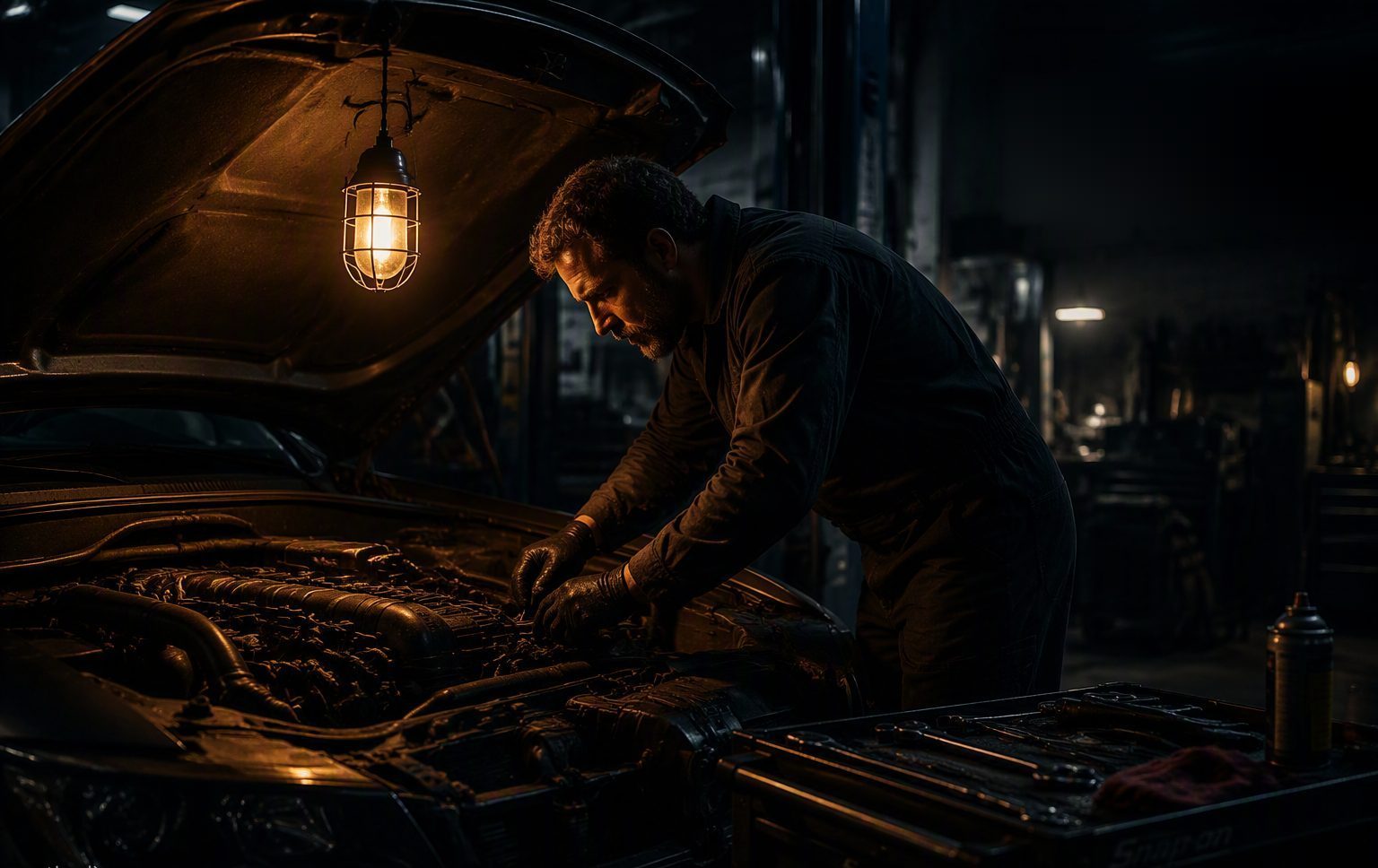 Mecanic lucrând la motor sub o lampă de lucru